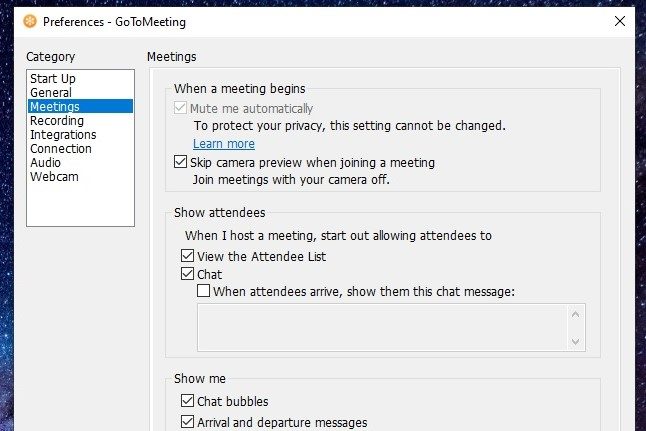 GoToMeeting Webcam setting screenshot