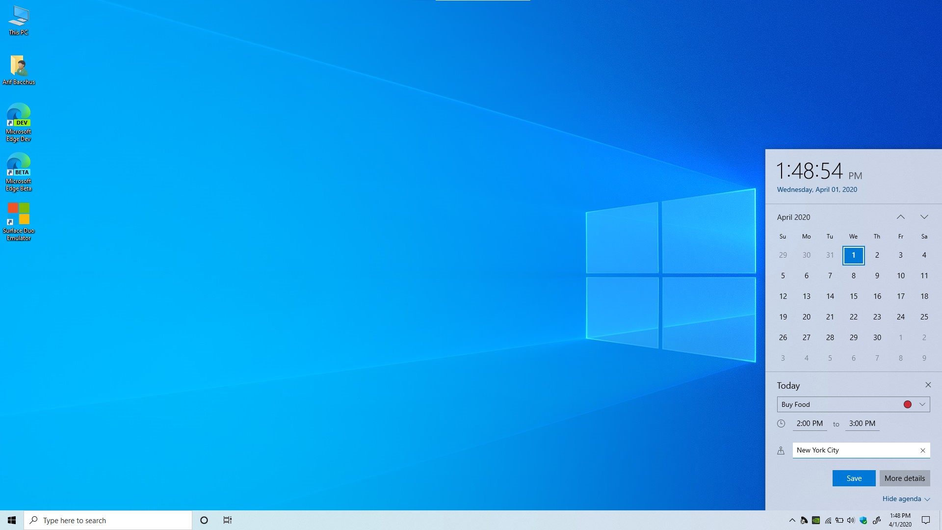 windows 10 may 2020 update review 20h1 taskbar calendar flyout