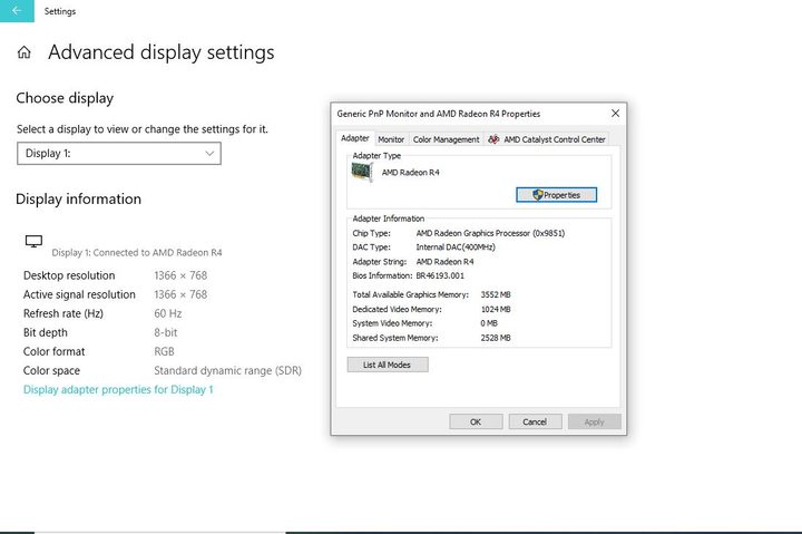 Image of Windows 10 Advanced Display Settings Menu