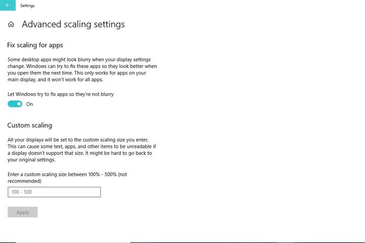 Image of Windows 10 Advanced Scaling Settings Menu