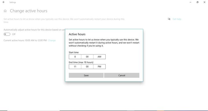 Image of Windows 10 Change Active Hours Menu