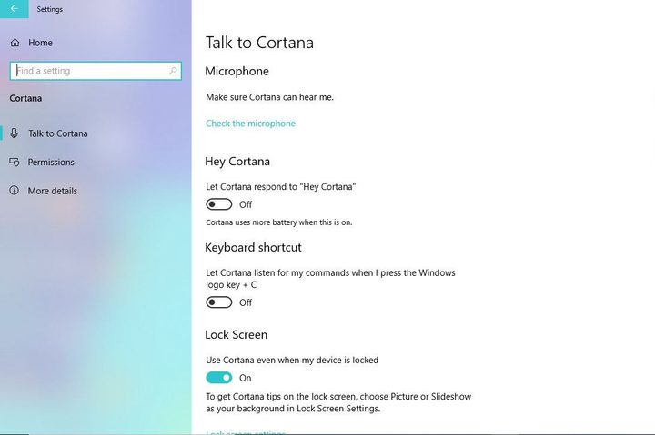 Image of Windows 10 Cortana Settings Menu