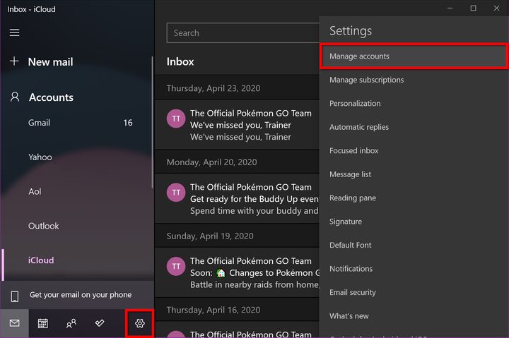Windows 10 Mail Manage Accounts