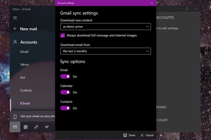 Windows 10 Mail Sync Options