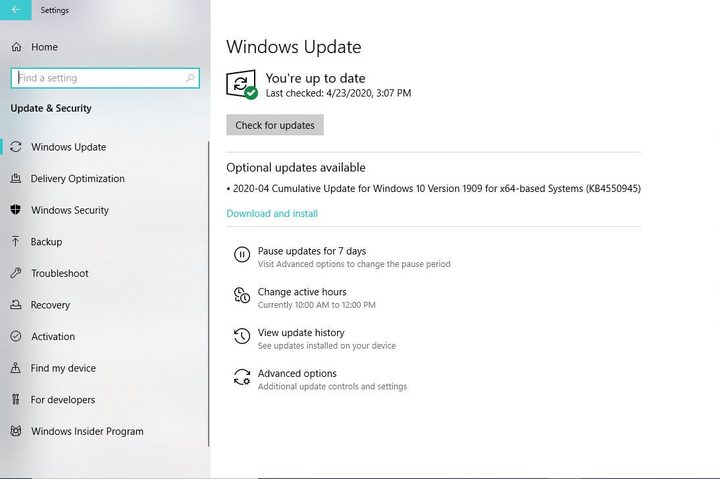 Image of Windows 10 Update & Security Menu