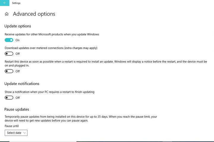 Image of Windows 10 Updates & Security Advanced Options Menu