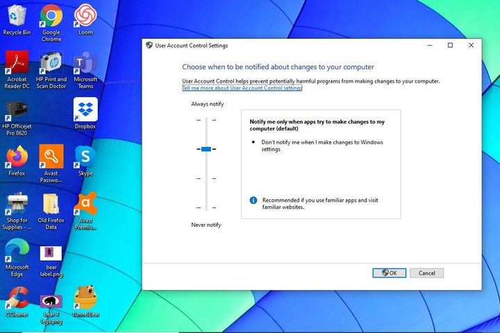 Image of Windows 10 User Account Control Settings Bar