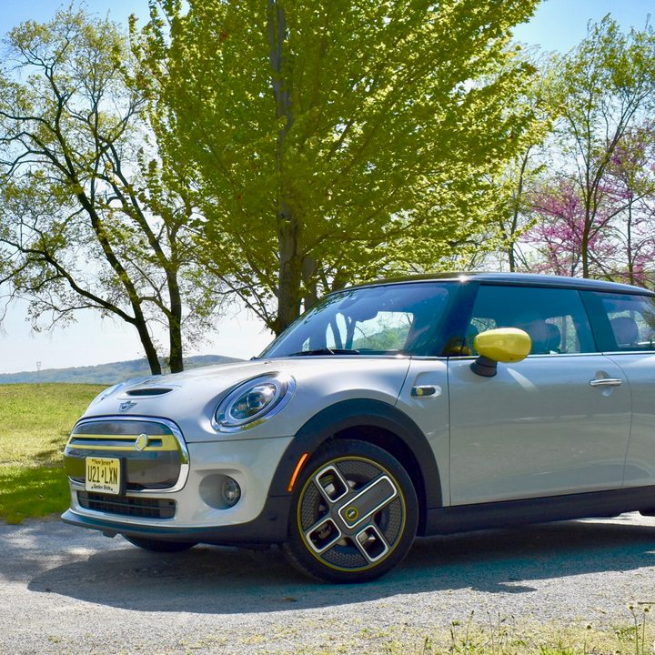 A silver 2020 Mini Cooper SE.