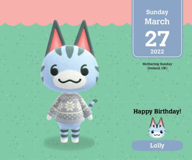 Animal Crossing calendar entry for March 27.
