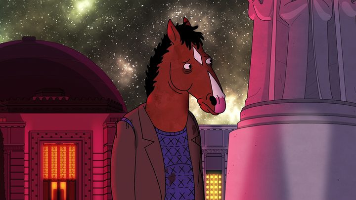 BoJack Horseman looking at something offscreen in the Netflix series.
