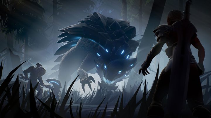 A monster stalking two characters in the dark in Dauntless,