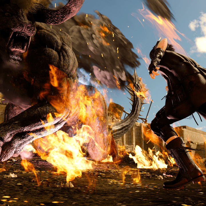 Final Fantasy XV heroes fight a giant monster.