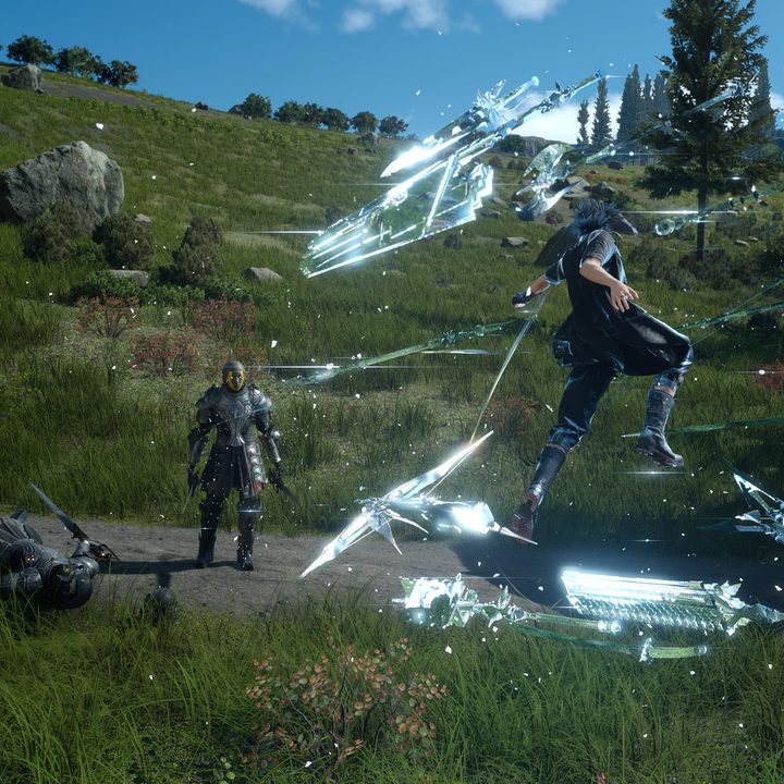 Final Fantasy XV's heroes stand on a grassy field.