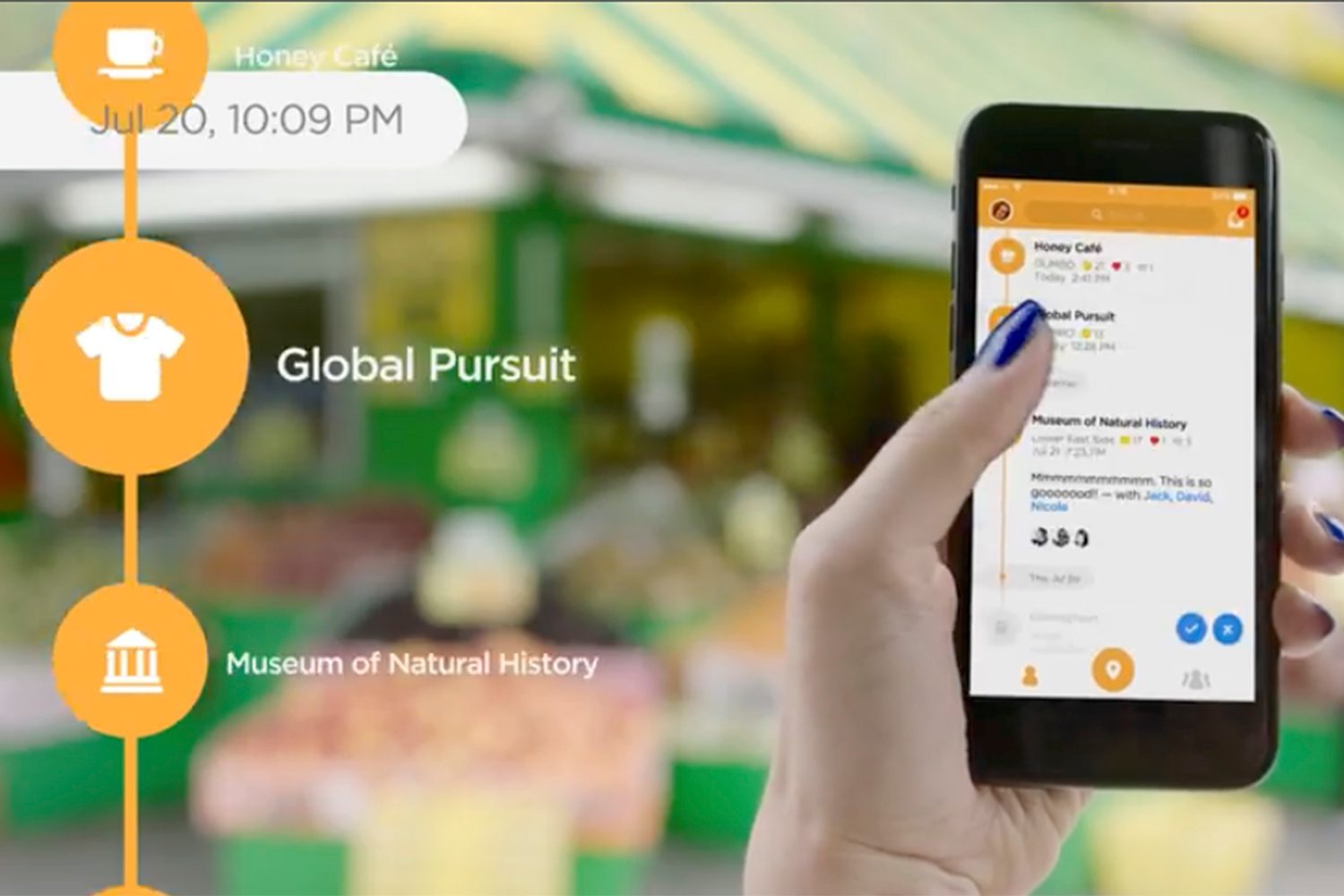 Ad for the Foursquare Swarm app showing it being used on a smartphone.