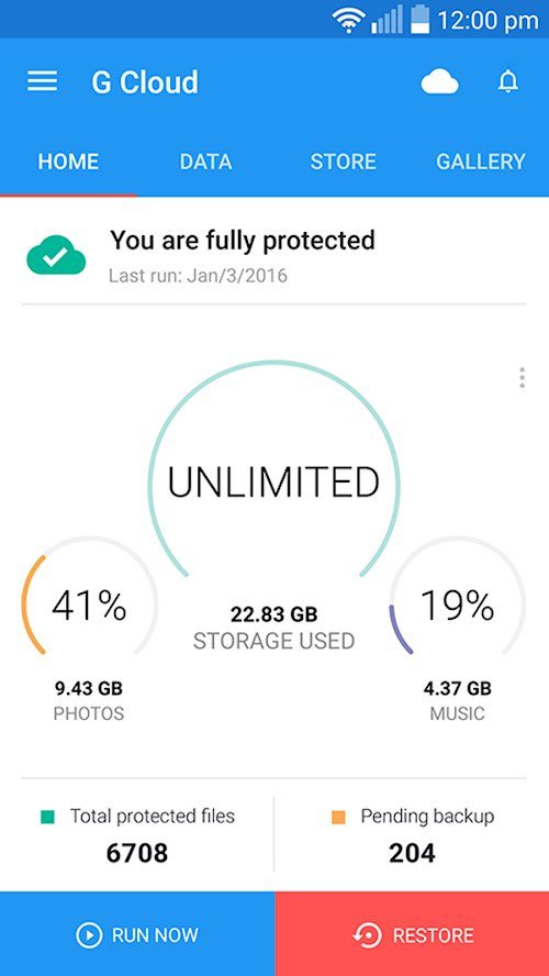Screenshot of G Cloud Backup app on Android