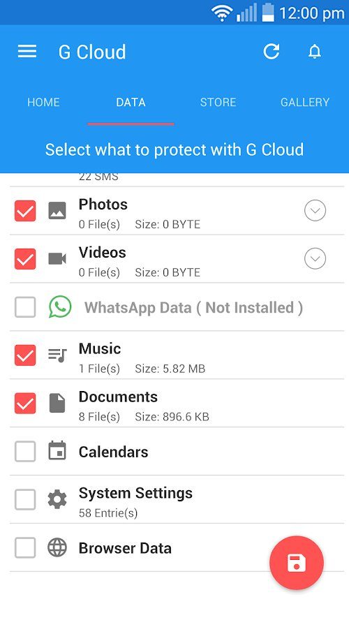 Screenshot of file selection in G Cloud Backup app on Android