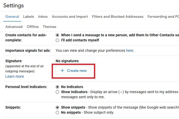 Gmail signature setting screenshot