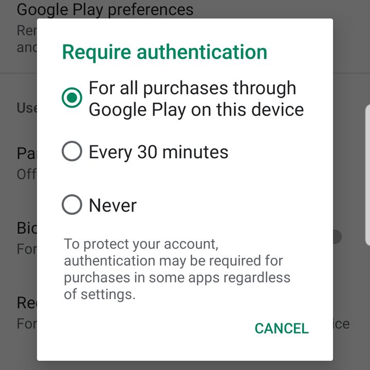Screenshot of require authenticiation for all purchases through Google Play Store