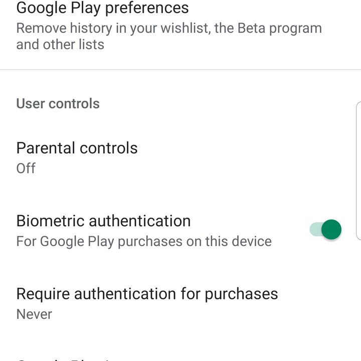 Screenshot of biometric authentication on Google Play Store