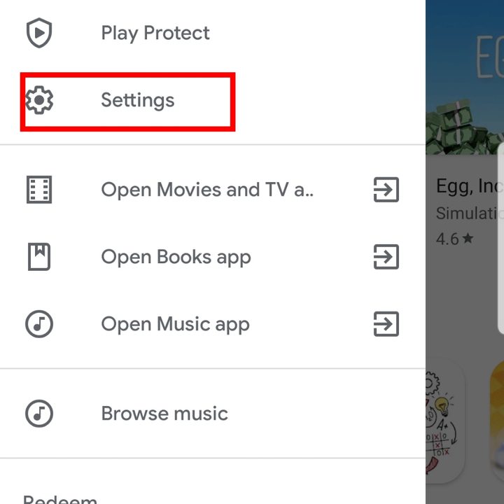 Screenshot of Google Play Store with Settings Menu highlighted