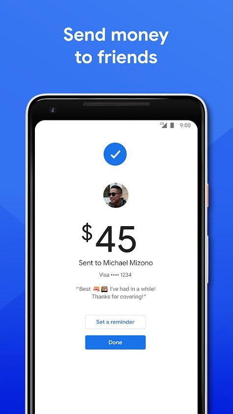 Google Pay's successful payment sent page.