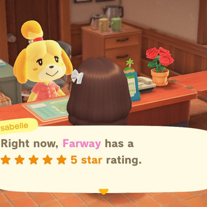 Isabelle rating town in Animal Crossing: New Horizons.