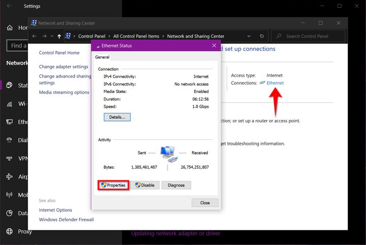 Internet connection properties
