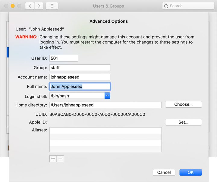 Change account user name and home folder name in MacOS