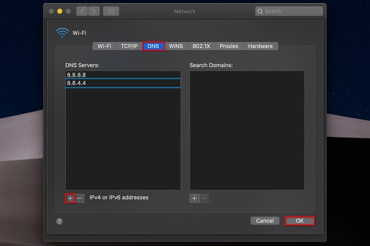 MacOS Network Edit DNS Settings