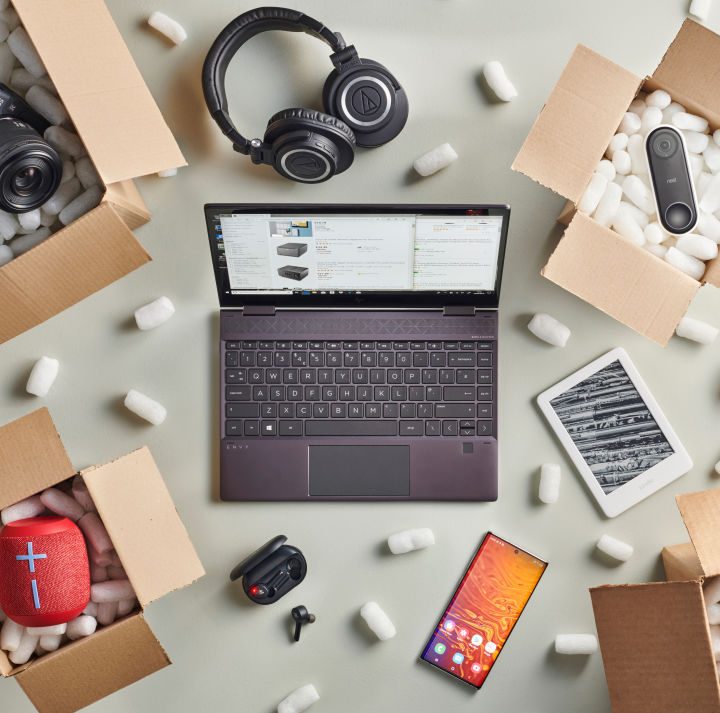 A collection of electronic gadgets out of their shipping boxes.