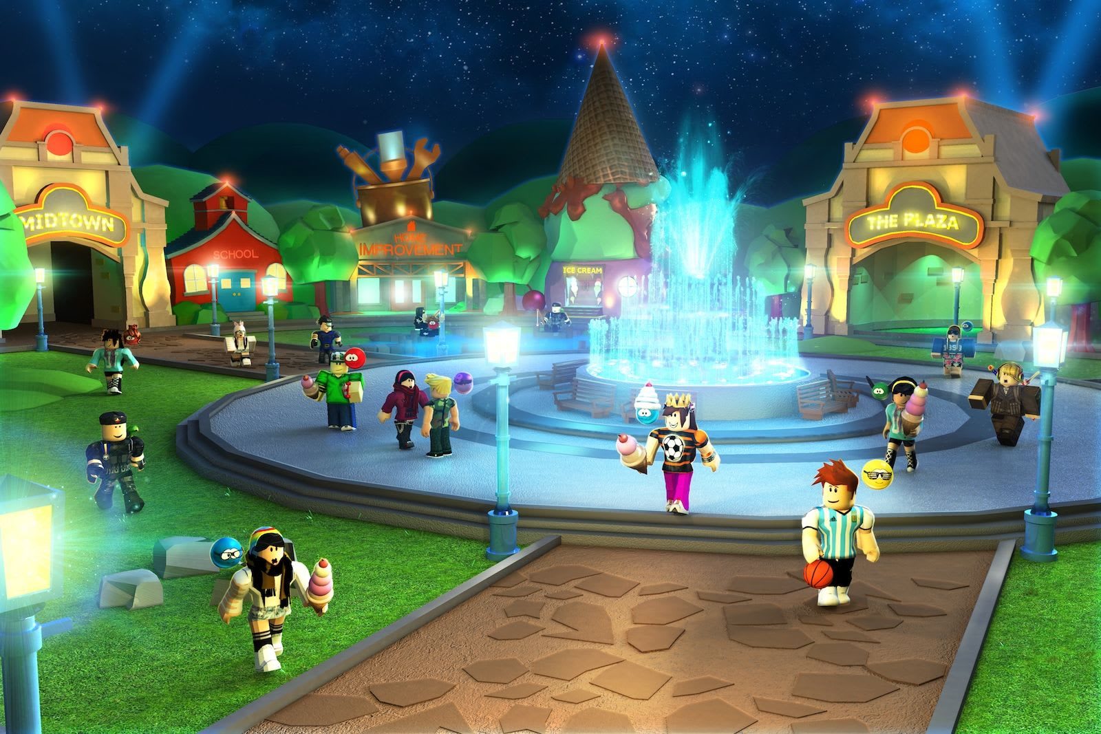 Characters hang out by a fountain in Roblox.
