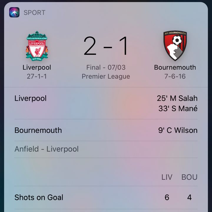 Siri command Liverpool score