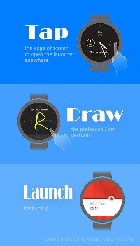 A screen showing the gestures you can use with Wear Launcher.