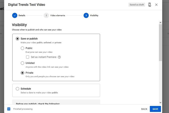 YouTube video visibility settings screenshot