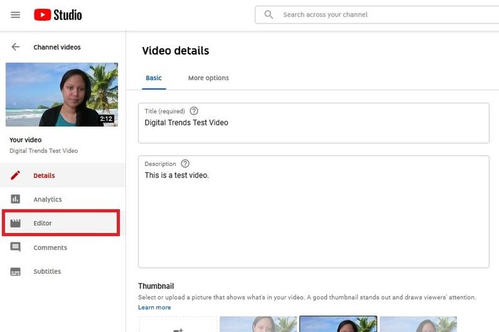 YouTube Video editor button