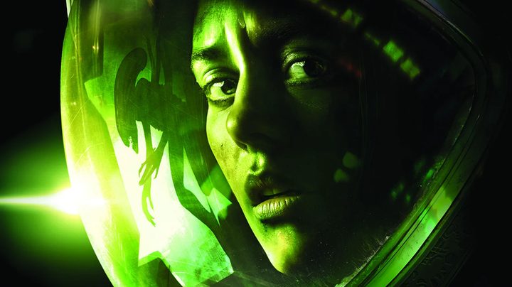 Amanda Ripley staring at the camera bathed in green light, wearing a space helmet.