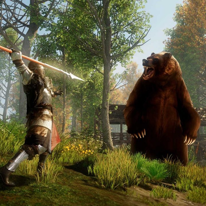 New World player attacking a bear.
