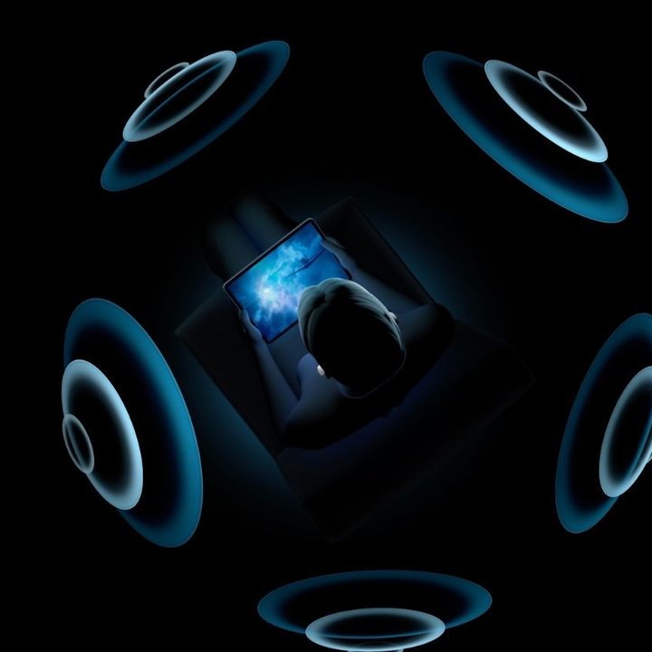 Graphic illustrating Apple's AirPods Pro spatial audio.