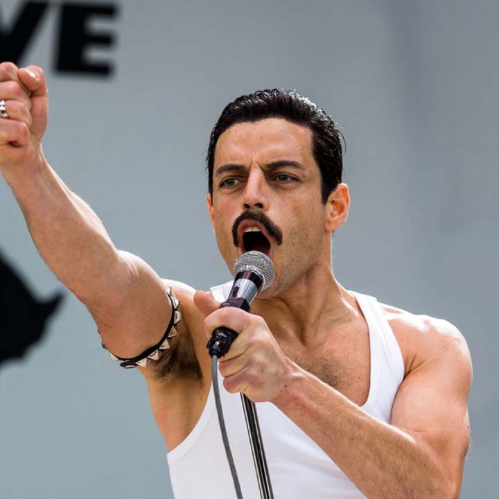 Freddie Mercury performing at a concert in Bohemian Rhapsody.