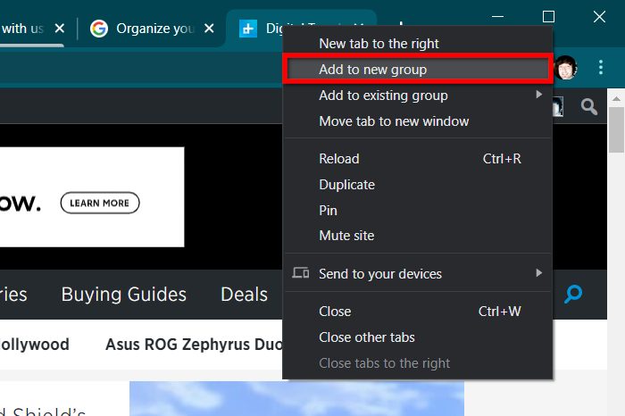 Chrome Tabs Group Add to New Group