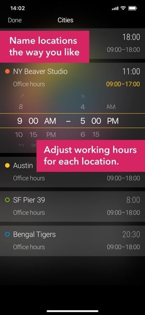 Screenshot of Circa app with text saying Name locations the way you like. Adjust working hours for each location