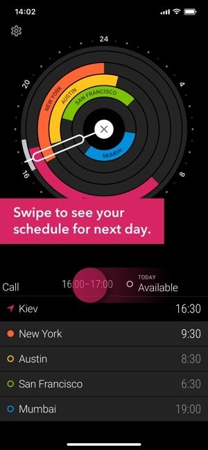 Screenshot of Circa app with text saying Swipe to see your schedule for next day