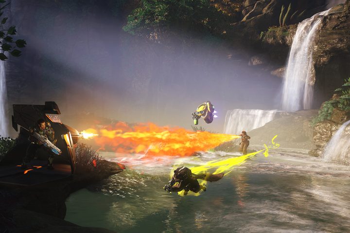 In Crucible, three players rush and shoot at an enemy taking cover