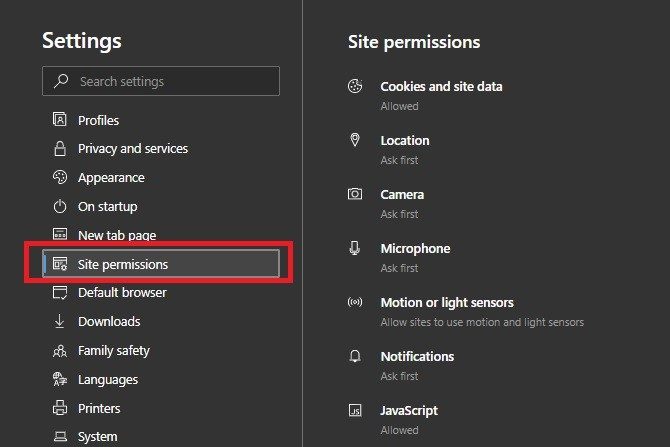 enable cookies in Edge screenshot of site permissions settings