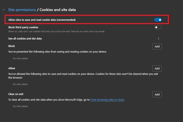 enable cookies in Edge screenshot toggle button