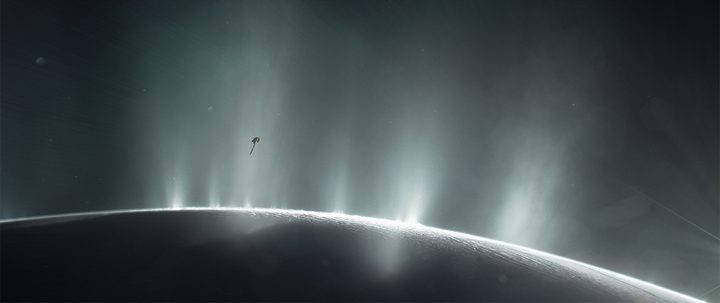 This illustration shows NASA's Cassini spacecraft flying through plumes on Enceladus in October 2015.