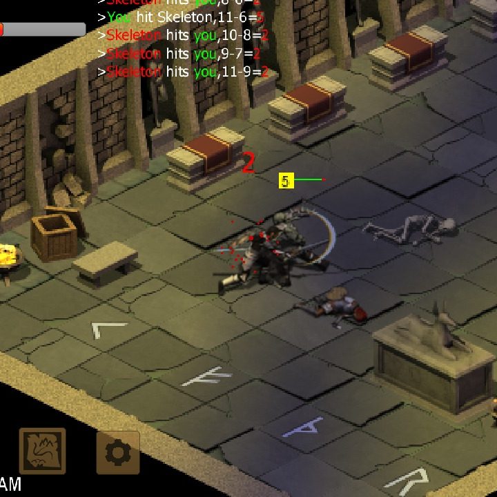 Exiled Kingdoms player fighting a skeleton.