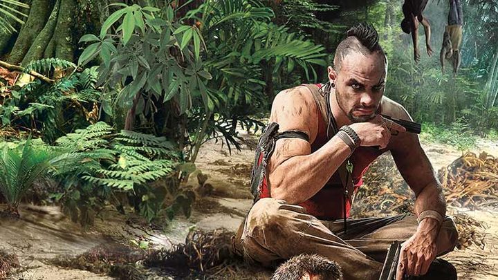 Vaas sitting on the beach with a gun.