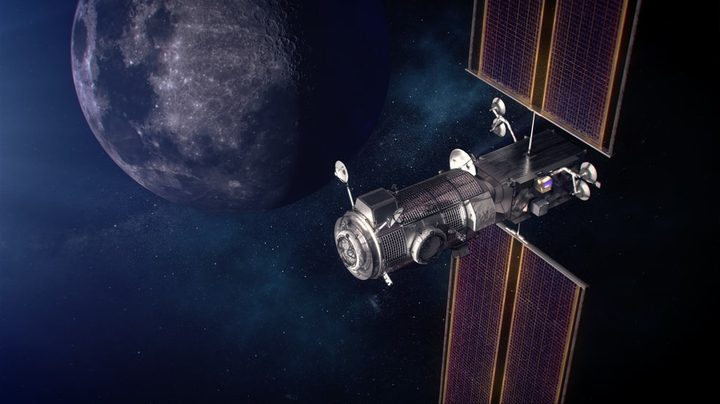 Artist's concept of the Gateway power and propulsion and Habitation and Logistics Outpost, or HALO, in orbit around the Moon.