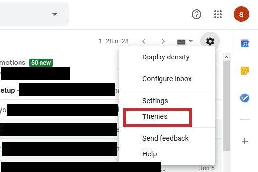 Gmail themes Settings menu screenshot
